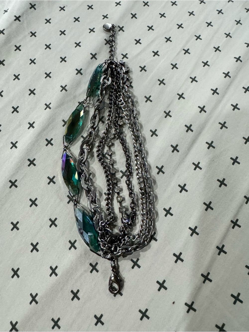 Silver Multi-Chain Bracelet with Iridescent Green Crystal Accents